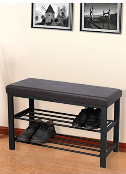 2 Tier Black Entryway Shoe Rack Bench with Cushioned Faux Leather