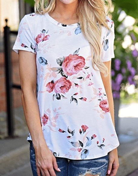 Mikey Store Women Short Sleeve Floral Printed Blouse Casual Tops T Shirt