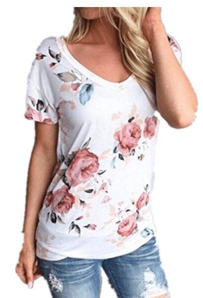 Mikey Store Women Short Sleeve Floral Printed Blouse Casual Tops T Shirt1