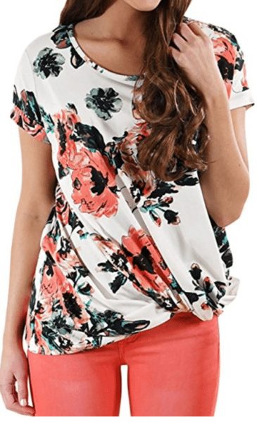 Short Sleeve Floral Knot Front Tops