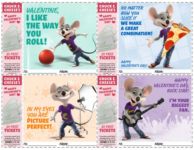 free printable valentines, plus FREE TOKENS from chuckecheese