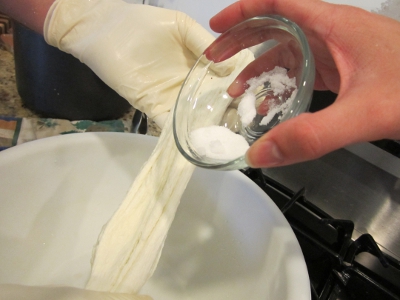 DIY - Mozzarella cheese - Add the Flaked Salt and stretch and pull cheese