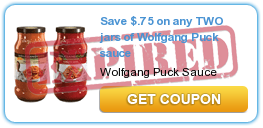 Save $.75 on any TWO jars of Wolfgang Puck sauce