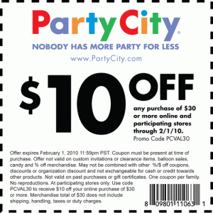 pcval30 pc coupon 300x300 Party City: $10 Off $30 Printable Coupon or Coupon Code