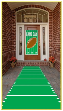 gameday football banner leading to the front door, superbowl party ideas