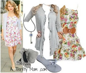 Taylor Swift Copy Cat Fashion Style Board Flower Sundress Grey Cardigan