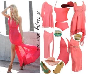 Summer Coral dress and swiming suits Fashion Style Board