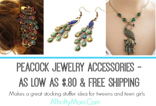 peacock hair clips, earrings and necklace low as 80 cents shipped free. Great stocking stuffer idea
