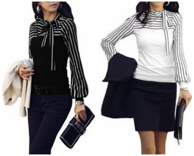 Woman Stripes Long Sleeve Stand Collar Shirt Tops Black White