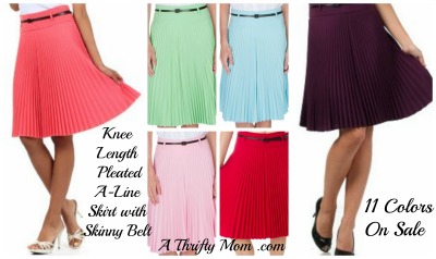 Knee Length Pleated A-Line Skirt with Skinny Belt