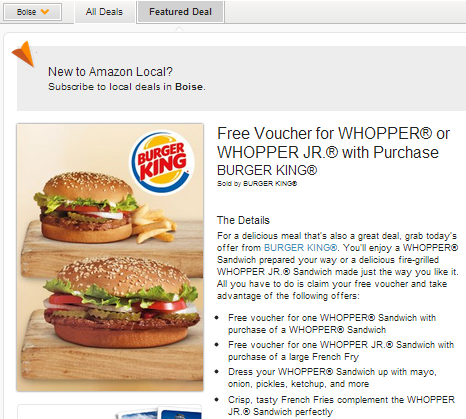 Voucher for Burger King Amazon local deal
