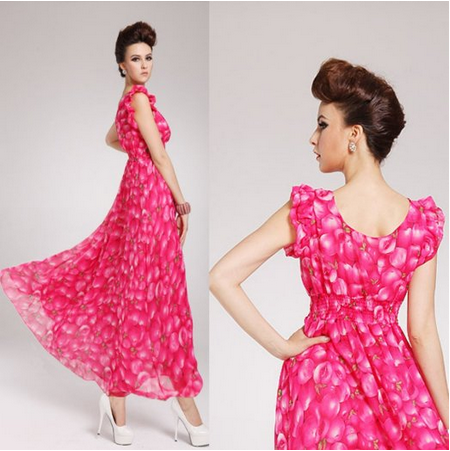 Pink Floral Chiffon Evening Dress