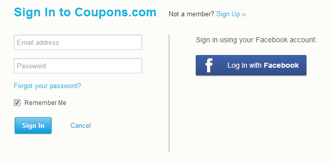 Sign in to Coupons.com landing page