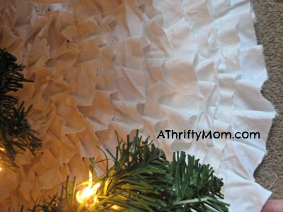 DIY ruffled tree skirt,#Christmascrafts,  #christmas,#easydiy, #easy,  #treeskirt, #tutorial,  #recycledcrafts, #sewing,#thriftyholidays
