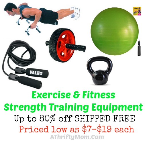 excercise ball, speed rope, push up bars, excercise wheel, all on sale with free shipping