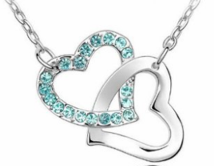 Jewelry ideas for valentines day, FREE shipping 2 hearts silver and blue necklace
