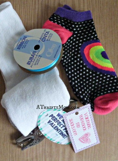 Valentine's socks~Thrifty gift ideas, #valentinegifts, #thriftygifts, #valentines, #socks, #punnygifts, #easygifts,