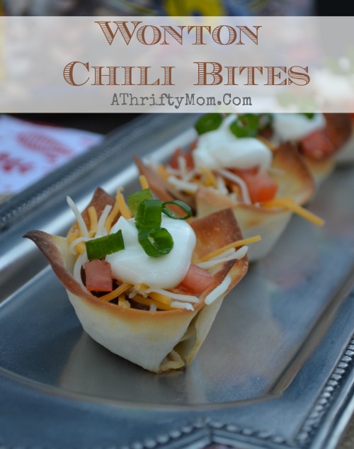 Wonton Chili bites, quick and easy snack ideas for the superbowl or any party. Made with Hurst's Hambeens chili