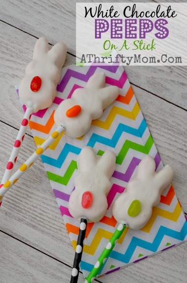 Peeps on a stick, White Chocolate Covered peeps with jelly bean tails. Quick and Easy Easter treat idea #Easter, #peeps, #Dessert,