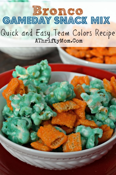 Superbowl gameday recipe, BRONCO fans team colors snack mix. Quick and easy recipe