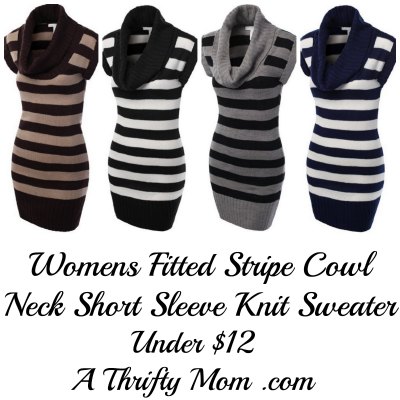 Womens Fitted Stripe Cowl Neck Short Sleeve Knit Sweater Tunic Shirt
