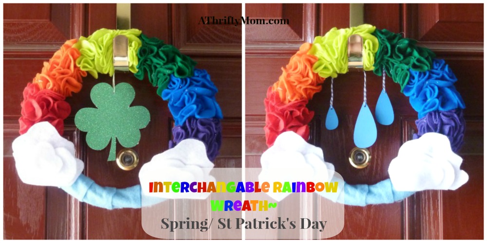 interchangable rainbow wreath, #spring,#stpatricksday, #stpatricksdaywreath,#stpatricksdaycrafts, #rainbow, #rainbowwreath, #springwreath, #clover, #felt, #thriftycrafts, #easycrafts,