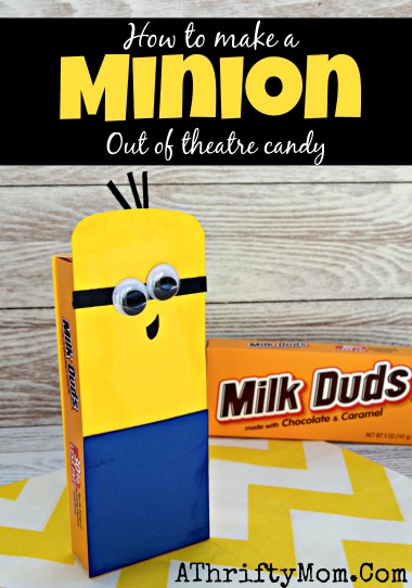How to make a Minion out of theatre candy, Minions, Minion Craft Idea.  Makes a great gift idea add a gift card or a few movie tickets, #Minions, #Minion, #KidCrafts
