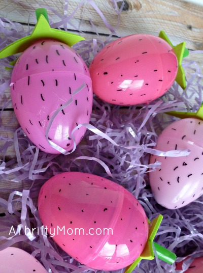 strawberries ~ Made from plastic easter eggs. #eggcrafts, #strawberries, #plasticeggs, #sharpie, #straws, #foam, #marker, #springcrafts, #spring, #Easter, Eggs
