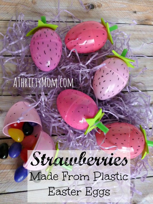 strawberries ~ Made from plastic easter eggs. #strawberries, #plasticeggs, #eggcrafts, #straws, #foam, #sharpie, #marker, #springcrafts, #spring, #Easter, Eggs