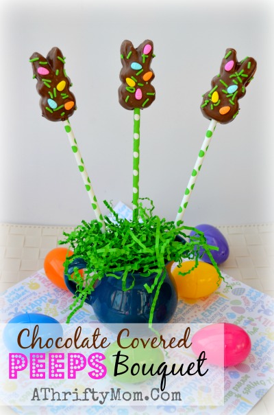 Chocolate covered Peeps Bouquet, Spring peeps on a straw a fun and easy treat #Peeps, #Dessert, #Easter, #Spring, #Chocolate