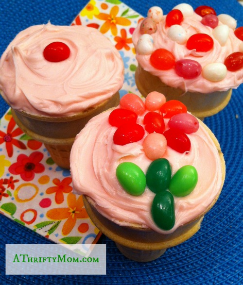 Cupcake in a cone, icecream cones, cake mix, DIY, Easy, Thrifty, #athriftymom,#cupcakesinacone
