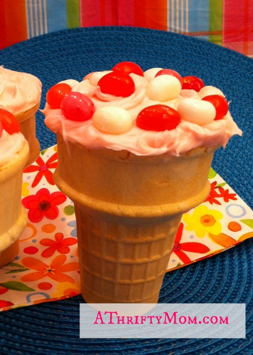 Cupcake in a cone, icecream cones, cake mix, jelly beans, DIY, Easy, Thrifty, #athriftymom,#cupcakesinacone