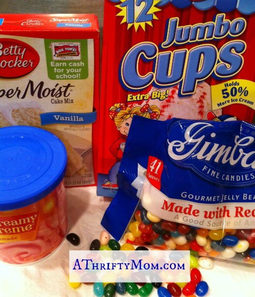 Cupcake in a cone ingredients, jellybeans, icecream cones, cake mix, frosting, DIY, Easy, Thrifty, #athriftymom,#cupcakesinacon