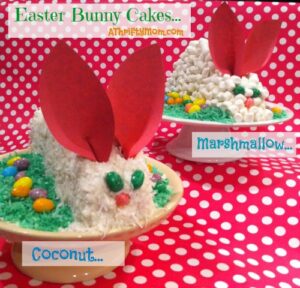Easter bunny coconut or mashmallow cakes on poka dot paper, jelly beans, cake mix, #easterbunnycoconutcake, #easterbunnymashmallowcake