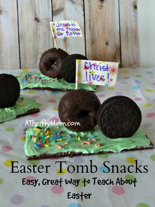 Easter tomb snacks, easy way to teach about Easter, #Eastersnacks,#Jesuslives, #resurrection, #tomb, #grahamcrackers, #donuts, #icing, #oreos, #thriftycrafts, #thriftytreats