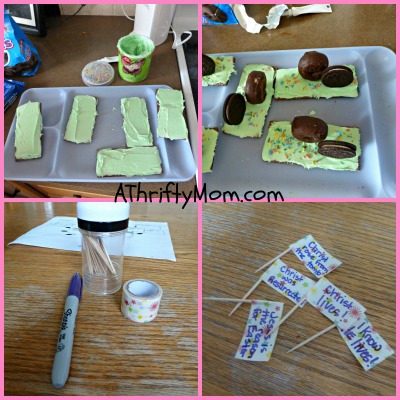 Easter tomb snacks, easy way to teach about Easter, #Eastersnacks,#Jesuslives, #resurrection, #tomb, #icing #grahamcrackers,,#donuts, #oreos, #thriftycrafts, #thriftytreats