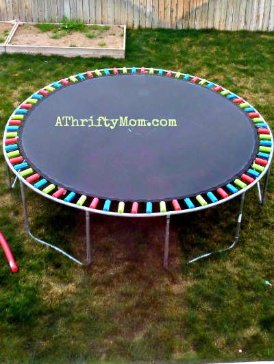 replace a worn out trampoline safety pad with pool noodles ~ Easy DIY, #trampoline,#diy, #poolnoodles, #homeimprovement
