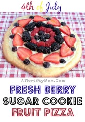 4th of July Sugar Cookie Fruit Pizza, Red White and Blue Dessert for July 4th #Fruit, #Recipe, #July4th