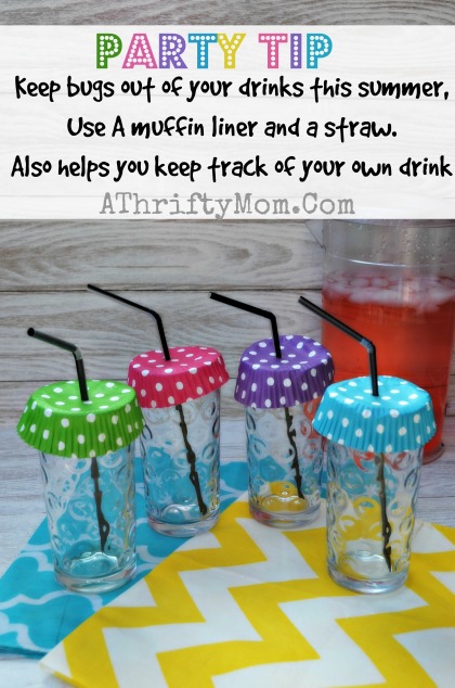 Party tip, Keep bugs out of your drink at a BBQ or picnic by placing a muffin liner and straw over your cup, QUICK and EASY tip #bbq, #KeepBugsOut, #Drinks