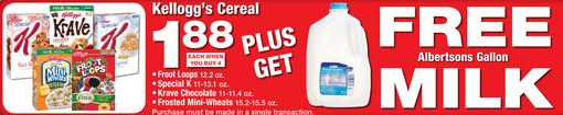 Kelloggs cereal at Albertsons get FREE milk
