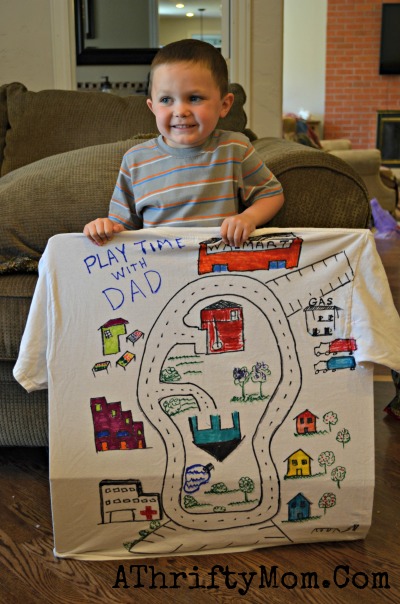 Play Time with Dad shirt, Car track on the back of a t-shirt, DAD gets a nap and kids get to PLAY it is a Win- Win #FathersDay #Gift. #DIY, #Dad, #Craft, #Boys