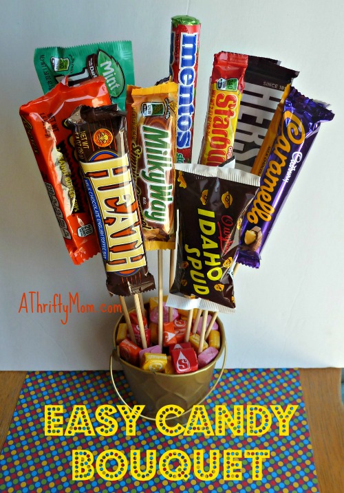 easy candy bouquet, #easygift, #thriftygift, #candybars, #candygifts, #easygiftideas, #candybouquet, #candybarbouquet