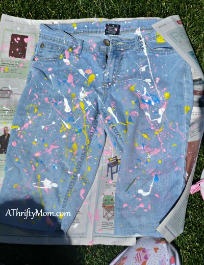 diy paint splattered  jean shorts, #paint, #cutoffs,  #shorts, #thriftycrafts, #denim, #summer, #fabricpaint, #kidscrafts, #summerfun, #fashion