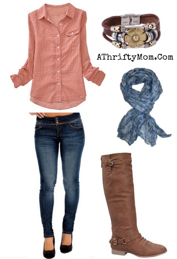 Pink top perfect for Fall, matched with skinny jeans and leather boots #fashion, #Fall, #Amazon