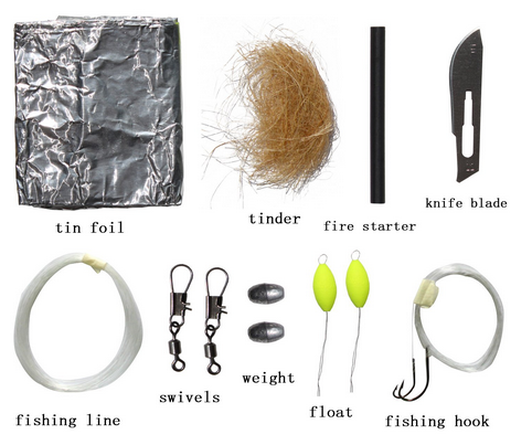 The Friendly Swede Carabiner Grenade Survival Kit Pull with Tin Foil, Tinder, Fire Starter, Fishing Lines, Fishing Hooks, Weights, Swivels, Dobber, Knife Blade Wrapped in Paracord Contents