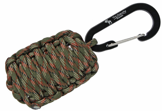 The Friendly Swede Carabiner Grenade Survival Kit Pull with Tin Foil, Tinder, Fire Starter, Fishing Lines, Fishing Hooks, Weights, Swivels, Dobber, Knife Blade Wrapped in  Paracord