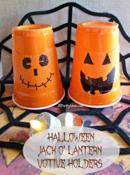halloween jack o' lantern votive holders, #jackolantern, #pumpkin, #halloween, #partydecorations, #halloweenparty, #fall, #fallparty, #thriftypartydecorations, #thriftyhalloweenparty, #thriftycraft