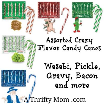 Assorted crazy flavor candy canes wasabi pickle gravy bacon
