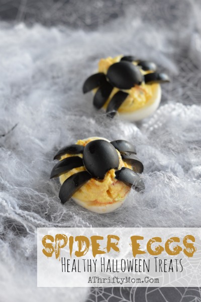 Deviled Eggs with Spiders, Halloween treats that are healthy, #Eggs, #HealthyHalloweenFood, #SpiderEggs, #Halloween