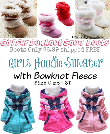 Girls bownot fleece jackets and boots, low as $6.99 shipped.  Baby girl and toddler fashion #OnlineDeals, #FreeShipping, #Fashion